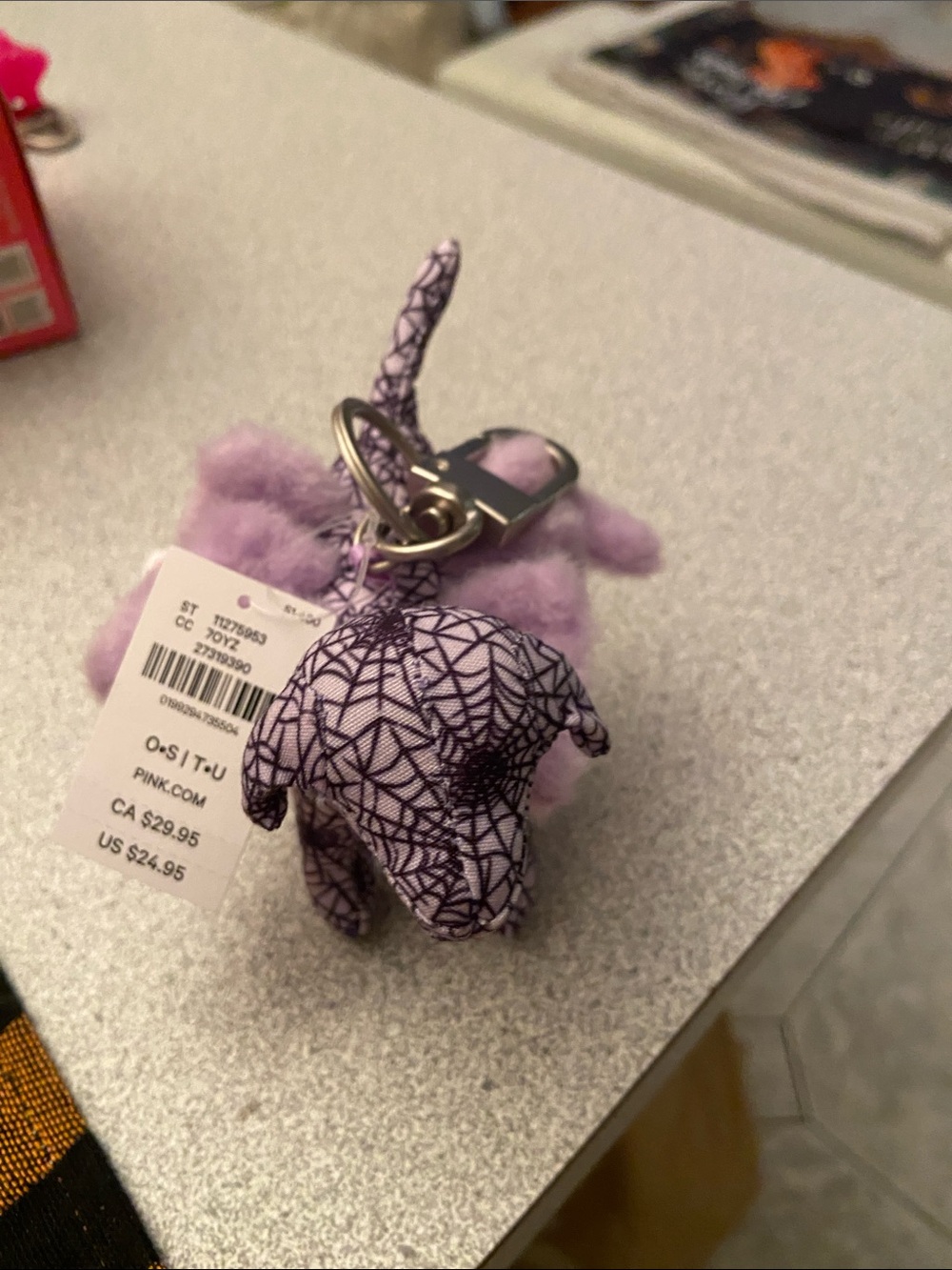 PINK Victoria's Secret Purple Patterned Plush Dog Keychain spider